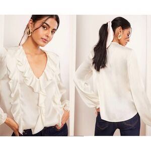 Friends Like These Cream Ivory Ruffle V-Neck Crinkle Satin Blouse Sz 4 Soft Girl